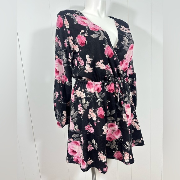 NWT Maurices Sz L Double Breast Floral Knit Mini Dress Long Balloon Sleeve VNeck - Picture 3 of 13